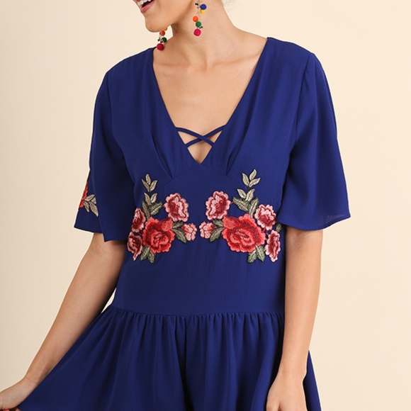 Umgee Romper Size S M L Cobalt Blue Floral Embroidered Whimsy Shorts Womens New - Picture 3 of 4
